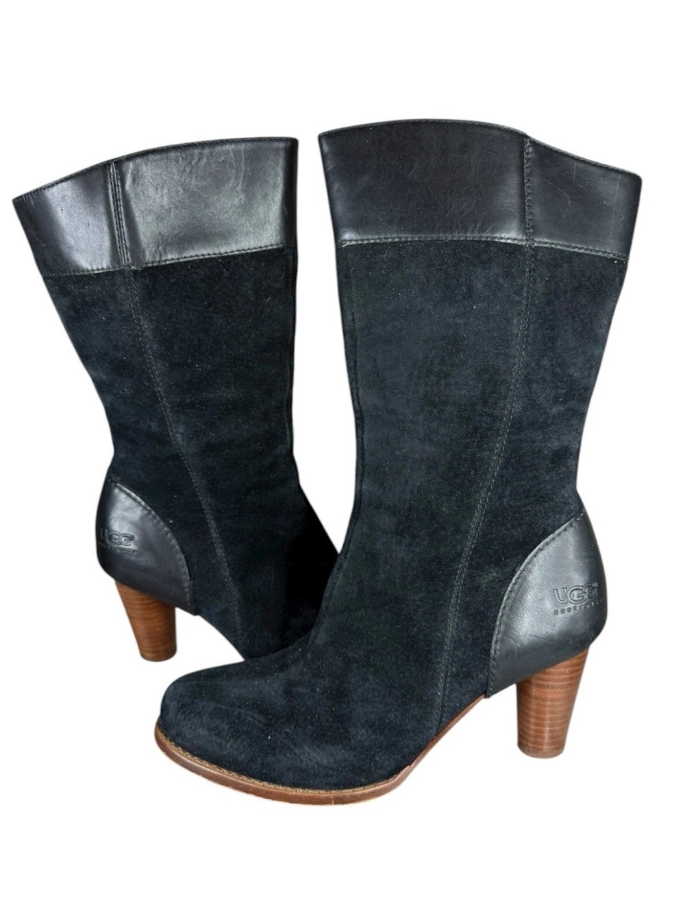UGG Australia Black Suede Leather Mid Calf Boots Sz 6.5 Sherpa Lined Block Heel
